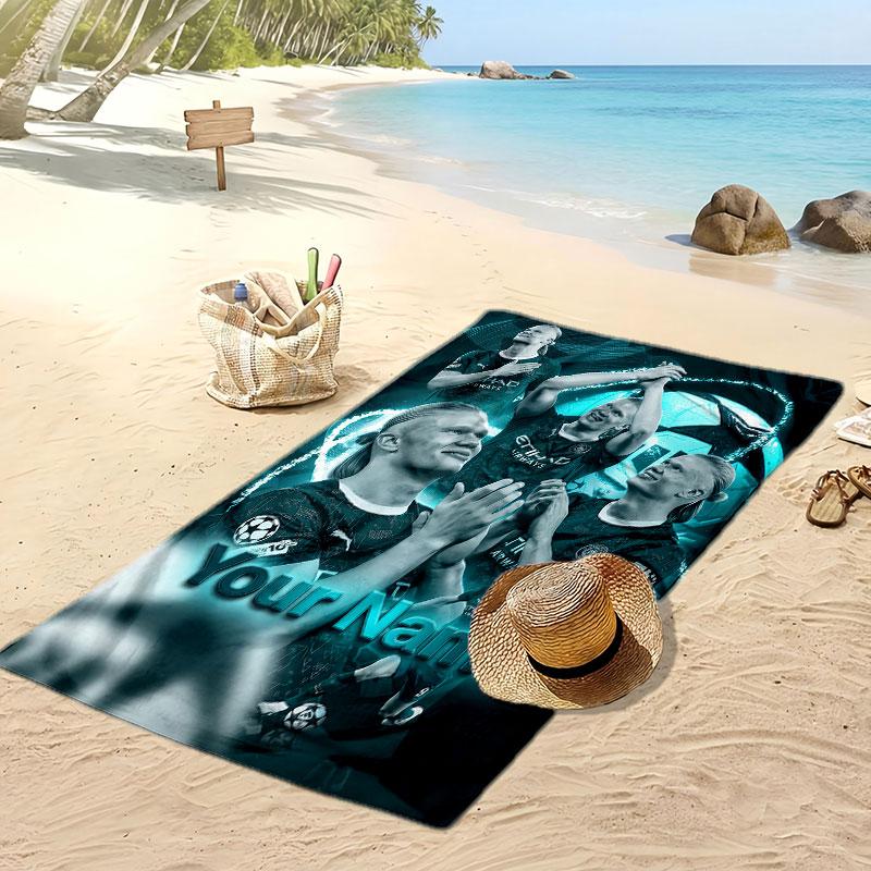 Asciugamano da Spiaggia Personalizzato Stampato Erling Haaland Logo Calcio Supporto Nome Personalizzato Testo Asciugamano Assorbente Per Sport Viaggio Regalo Speciale