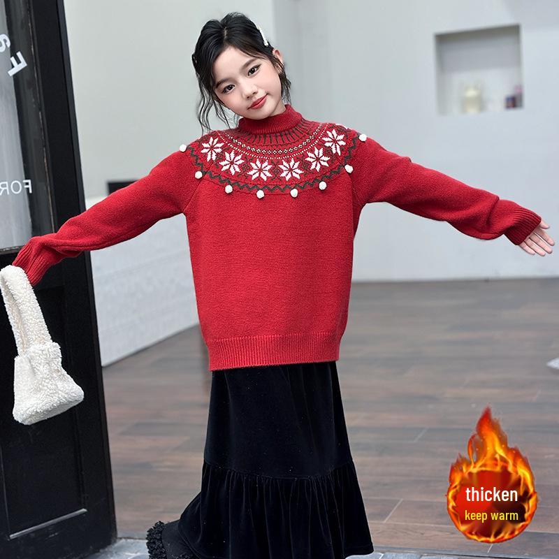 

Girls Retro Jacquard Knit Sweater - Round Neck, Long Sleeves, Autumn/Winter 2025 Collection 160 cm красный