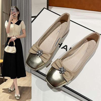 Soft-soled Foreign-style Single Shoes Women's Spring and Summer New Fairy Versatile Shallow-mouth Bow Doudou Shoes Square Head Flat-soled Women's S