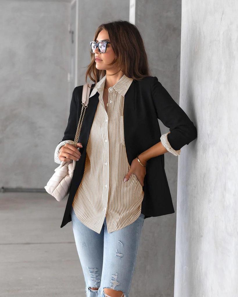 European and American Women's Spring 2025 Striped Long Sleeve Loose Cardigan Top