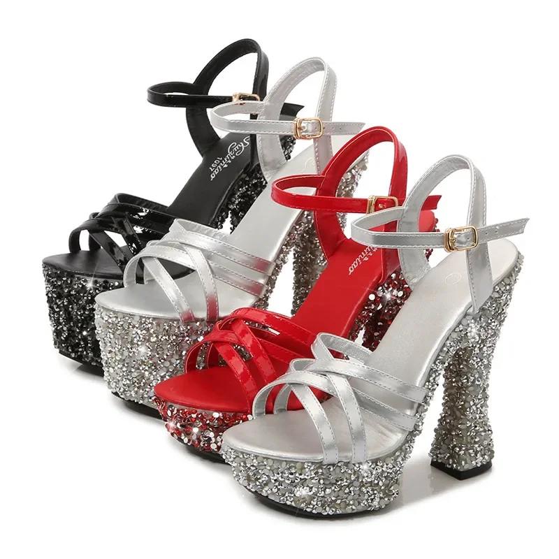 Fashion Women Sandals Sequin Rhinestone Peep Toe Sandals Woman Shoes High Heels Sexy Nightclub Party Platform Heels Size 43 Womens Shoes