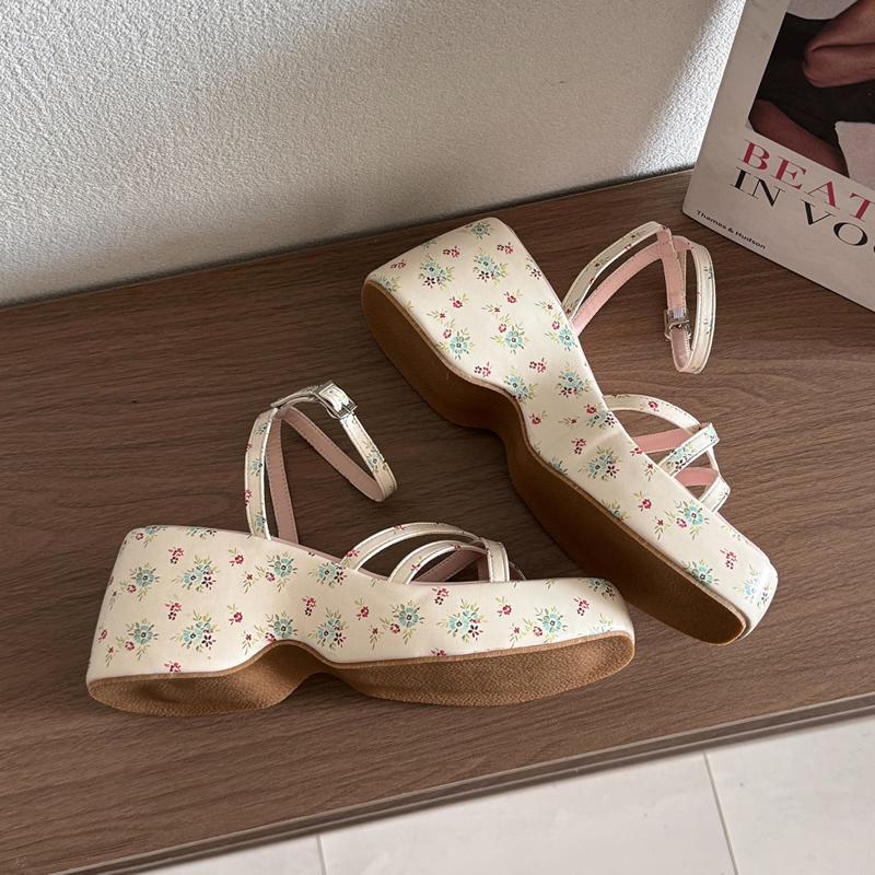 2025 Summer Women Floral Platform Wedges Heel Female Sandals Fashion Narrow Band Ladies Elegant Party Dress Gladiator Sandalias