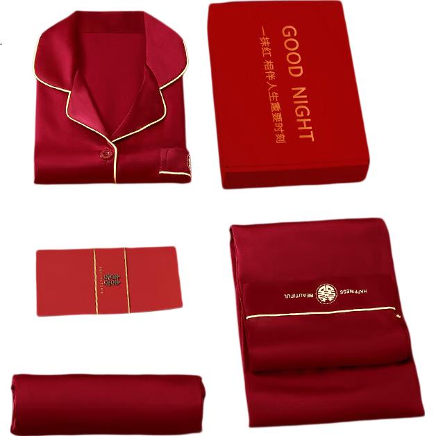 LangSha Double Happiness Couple's Pajamas, Wedding Gift, New Marriage, Red Color, Zodiac Year, Long-Sleeve Top And Pants, Home Wear Set, Gift Box