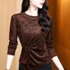 Round Neck Beaded Rose Velvet Long Sleeve Women's Shirt In Black Coffee Nylon
