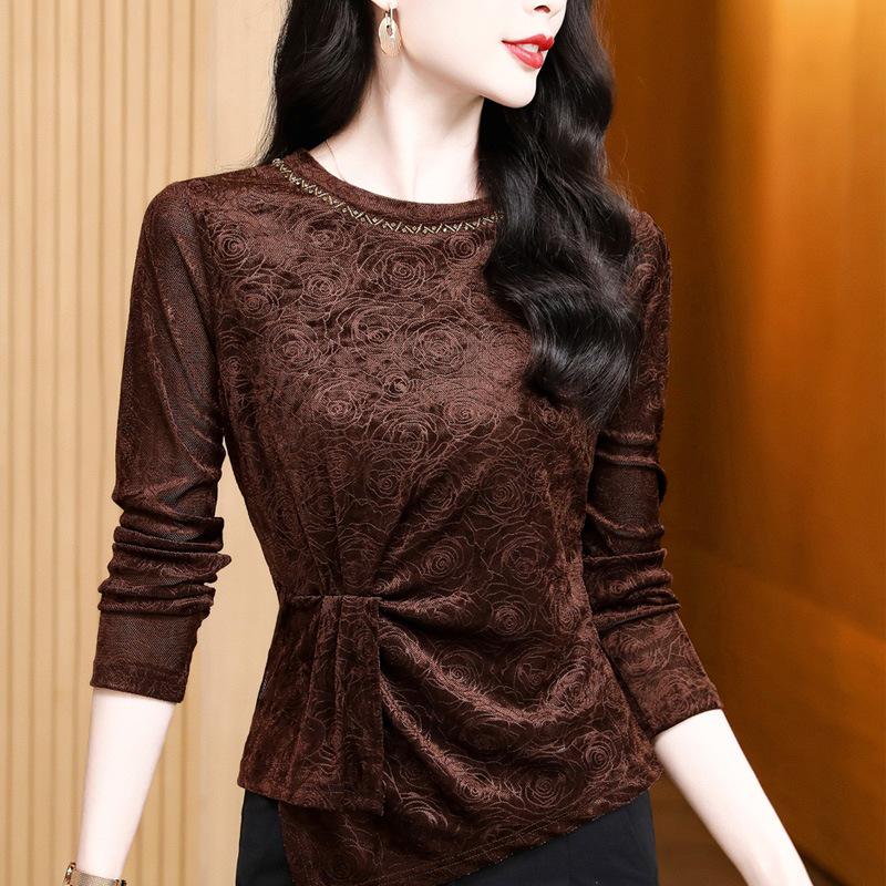 Round Neck Beaded Rose Velvet Long Sleeve Women's Shirt In Black Coffee Nylon