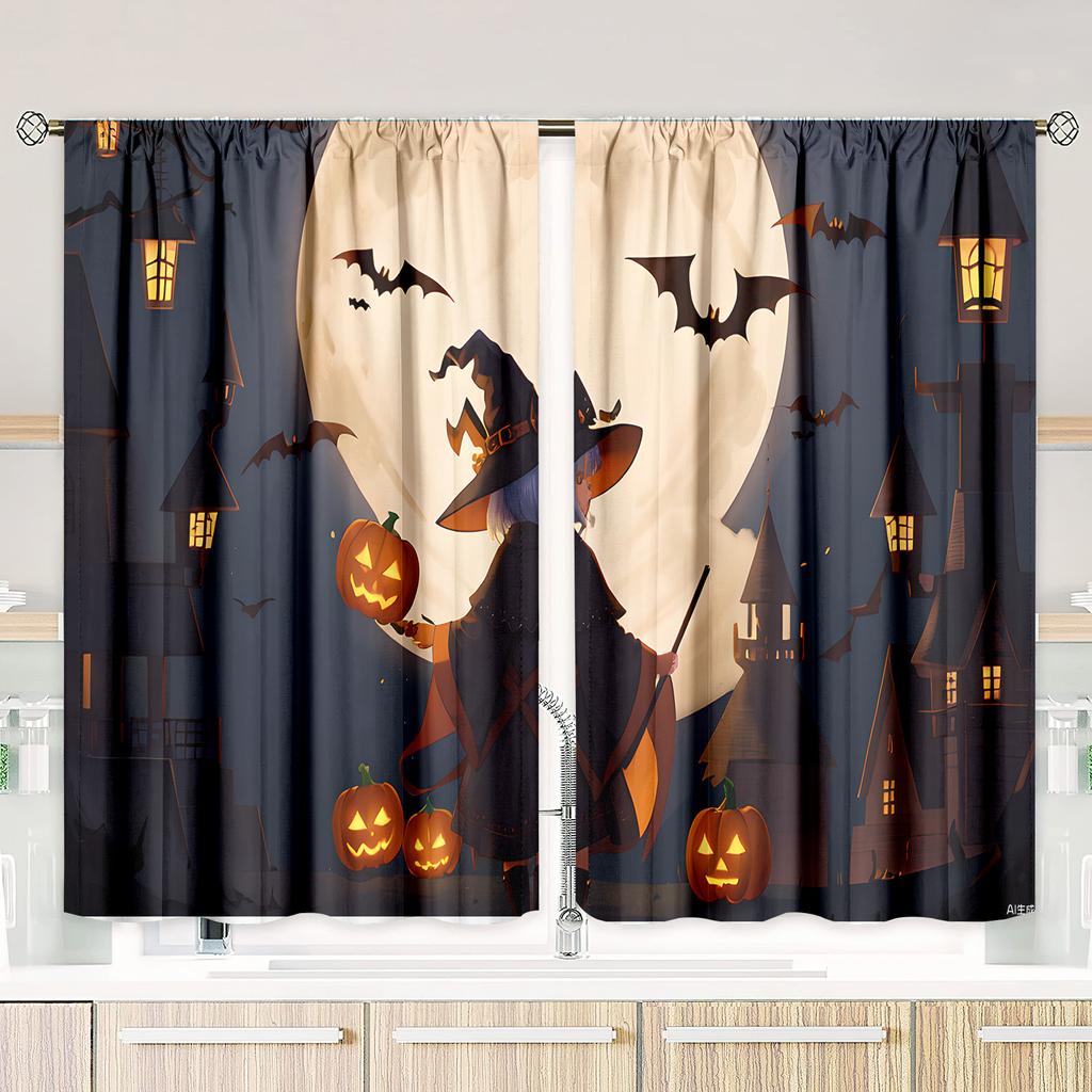 2 Stück - Halloween - Bedruckter Vorhang - Polyestermaterial - geeignet für Schlafzimmer, Wohnzimmer, Arbeitszimmer privater Vorhang