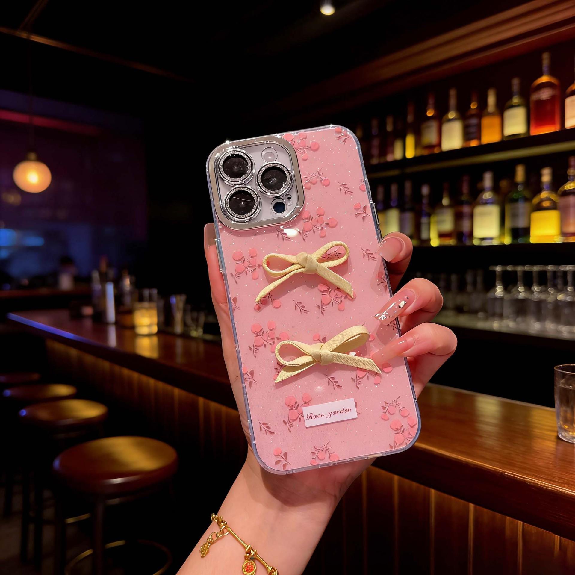 Hole-Punched Glitter Floral Bow Phone Case for iPhone 15/13 Pro Max iPhone 15 Pro Max