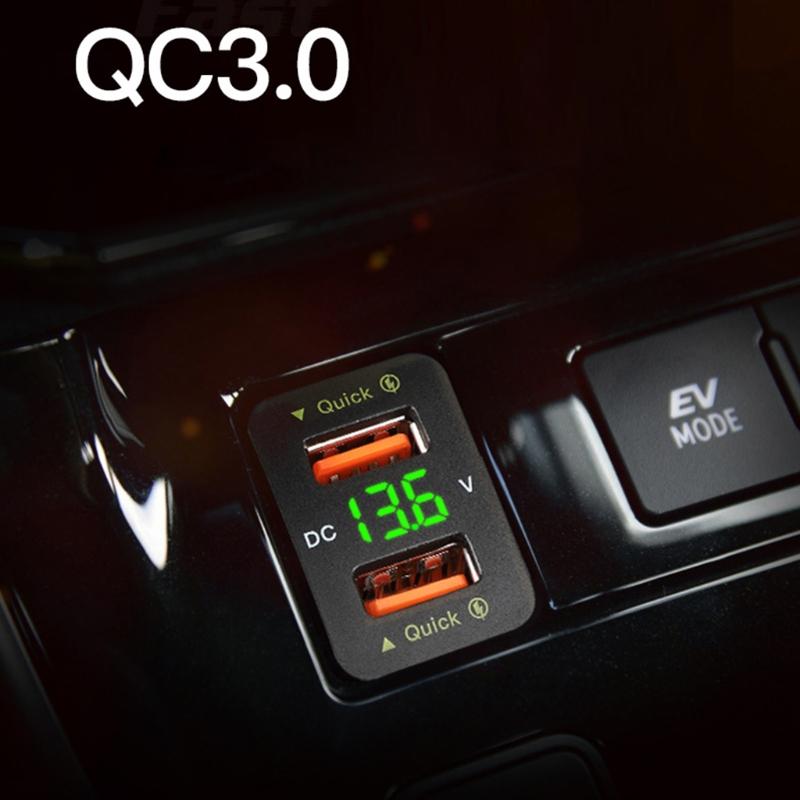Dual USB Automotive Charger QC3.0 Phone Fast Charge Automatic Adapter LED Voltmeter Socket  12-24V
