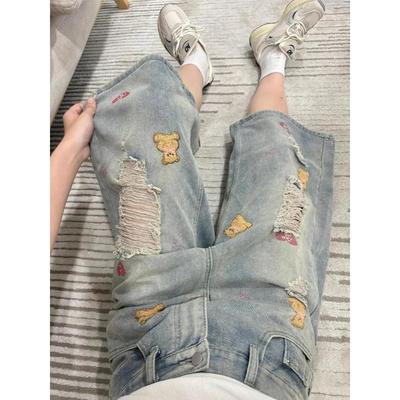 Women's Summer Light Blue Bear Embroidery Ripped Wide Leg Jeans