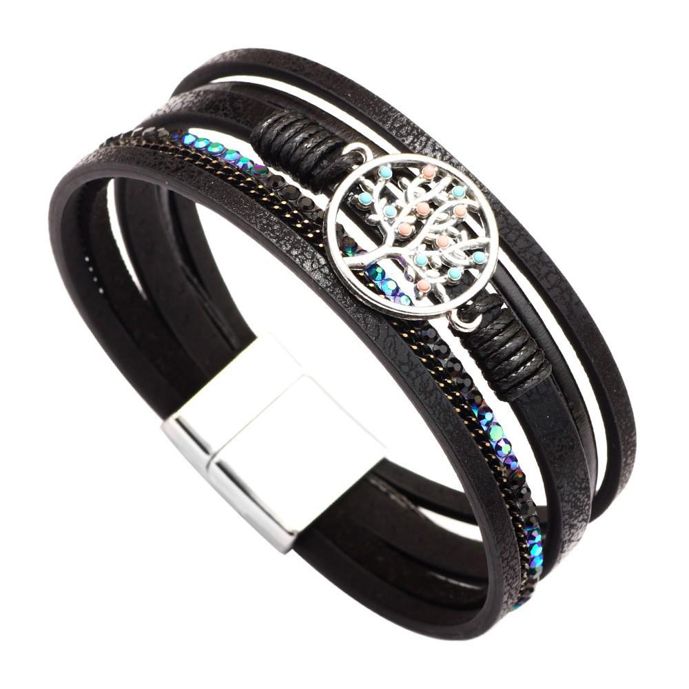 Bohemian Micro-Diamond Cross Bracelet with Magnetic Clasp & PU Leather