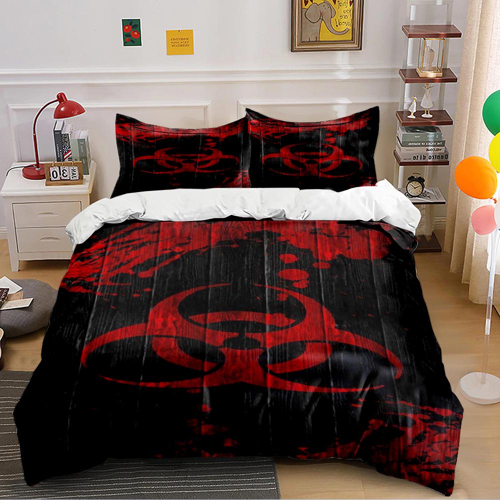 Rotes Biohazard-Symbol auf schwarzem Holzstil-Bettwäscheset (1 Bettbezug, 2 Kissenbezüge, Bettdecke nicht enthalten) Sofas