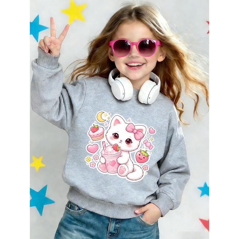 European sizes Cute Cat Print Pattern Kids' Spring Lightweight Crew Neck Sweatshirt, Ages 0-3, Comfortable and Soft Design, Suitable for Outdoor Wear