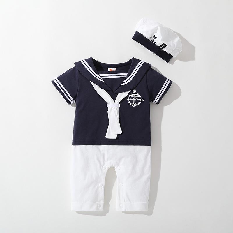 Set due pezzi estivo per neonato maschio, uniforme blu navy, con cappellino