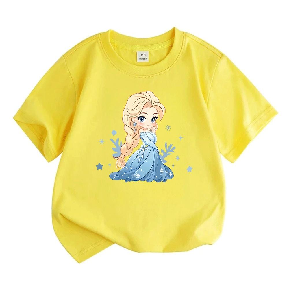 Kids Boys Girls Crew Neck Short Sleeve T-Shirt, 100% Cotton Cute Cartoon Ice Princess Print Casual Soft Tees for Toddler Children Daily Wear Summer Ba