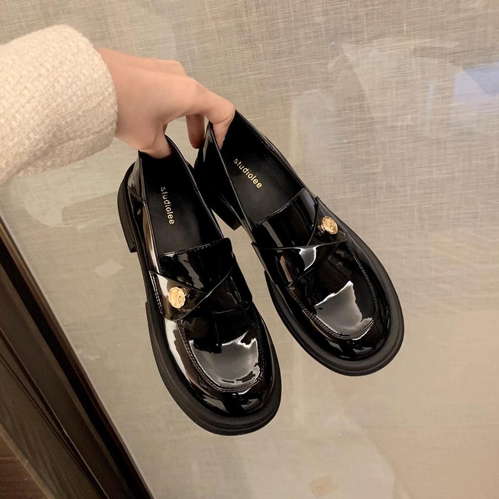 British Style Small Gold Coin Single Shoe Women's 2025 New Round Head Thick Heel Soft Sole One Pedal Thick Sole Loafer Leather Shoes Women's Autumn