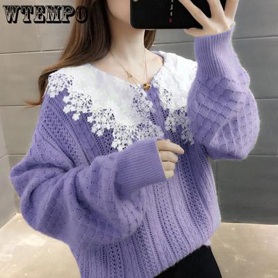Sweater Women's Casual Loose Spring and Autumn Outwear Lace Doll Neck Knitwear Long Sleeves Top
