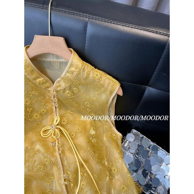 Embroidered Vest Vest Women's 2025 Spring High-end Thin Old Money Wind Yellow Organza Top