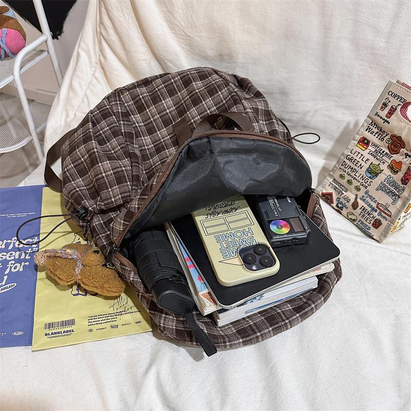 Vintage Plaid Backpack College Style Junior High School Student Schoolbag
