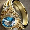 Klassisk Elegant Ring för Kvinnor Fest Bröllop Lyxiga Fingeraccessoarer Guld Färg Delikat Zirkon Inlagd Glänsande Blå