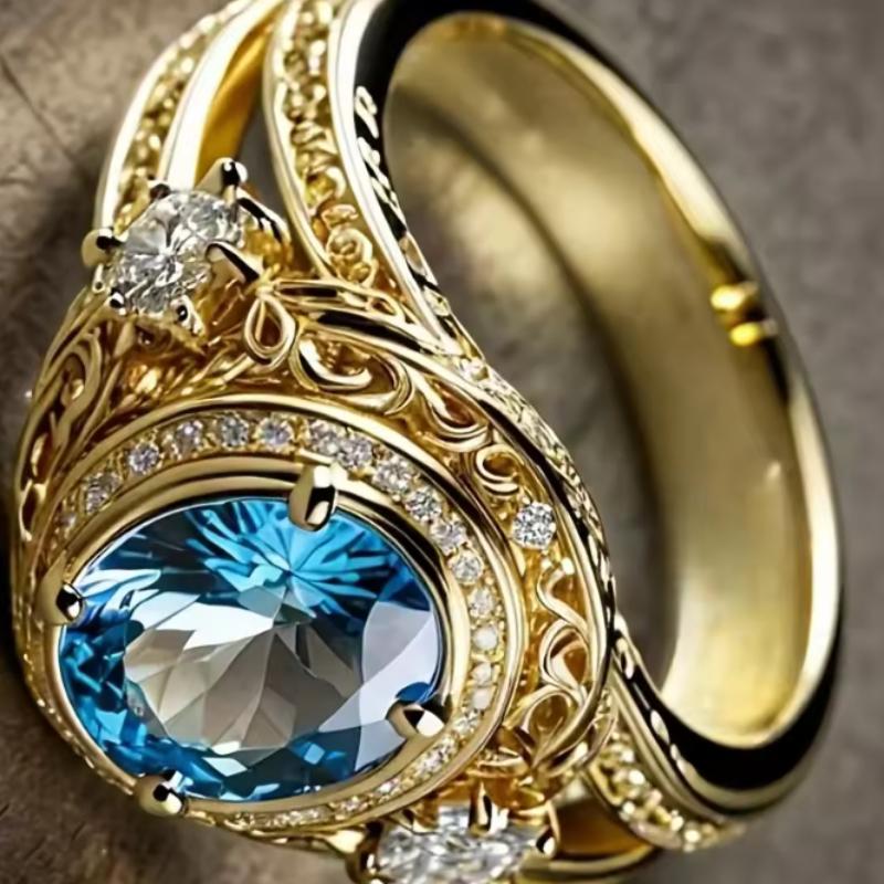 Klassisk Elegant Ring för Kvinnor Fest Bröllop Lyxiga Fingeraccessoarer Guld Färg Delikat Zirkon Inlagd Glänsande Blå
