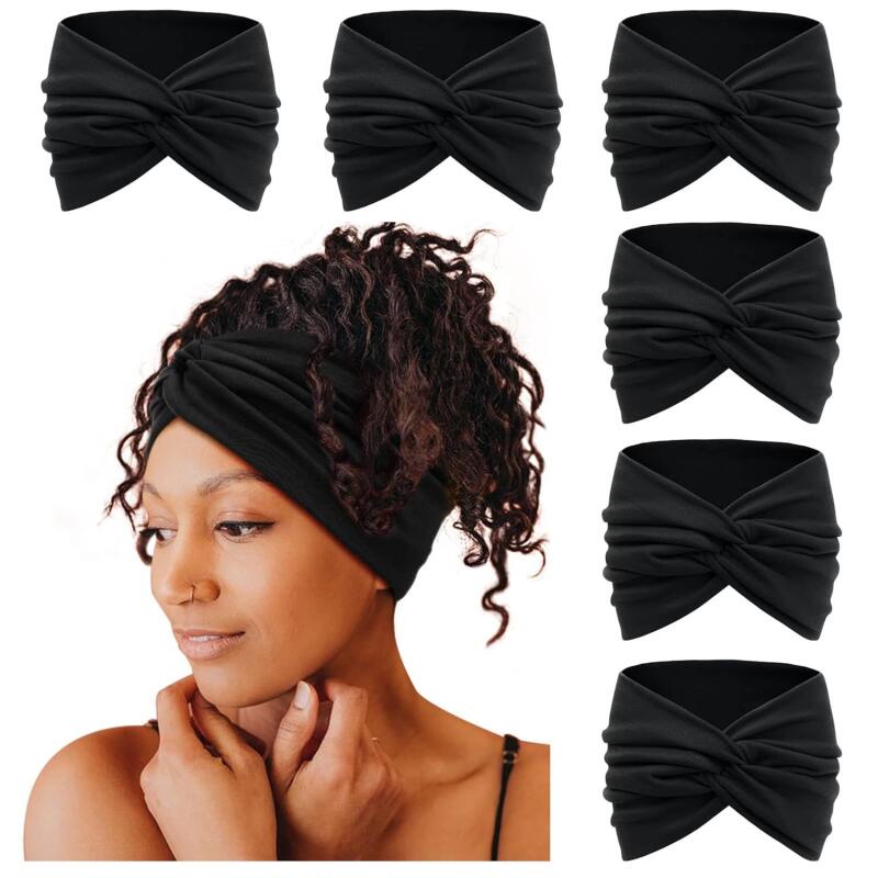 Bohemian Wide Headband Sweat-Absorbent Yoga Hair Wrap Cross-Tie Design 8cm Elastic Bandana - 6-Pack Set for Women Girls