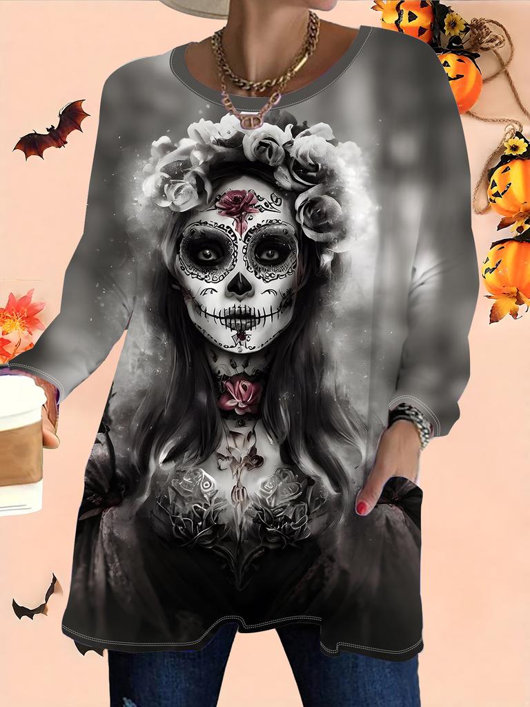 2025 Autumn Winter New Plus Size Women's Tops, Halloween 3D Print Fashion Crew Neck Long Sleeve T-Shirts