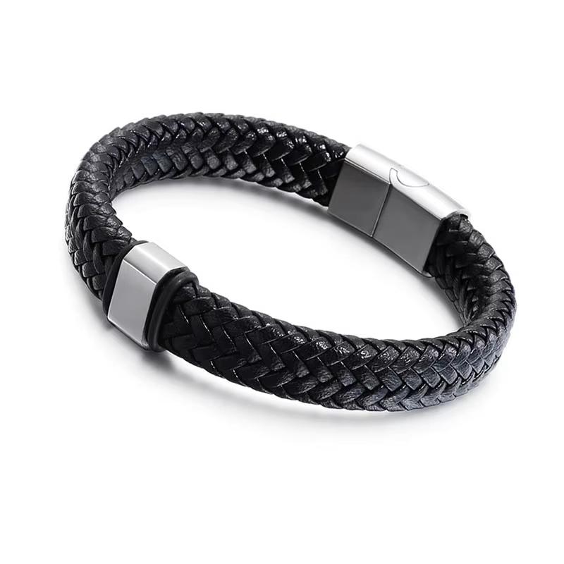 Classic Mens Woven Leather Bracelet with Stainless Steel Magnetic Clasp - Handmade Braided Gift for Men Classic&19cm серебряный