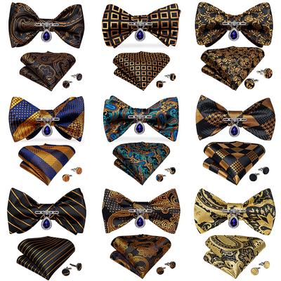 Nyt Design Business Bryllup Fest Butterfly Mænd Sort Guld Paisley Silke Butterfly Lommetørklæde Broche Pin Sæt Sommerfugle Slips
