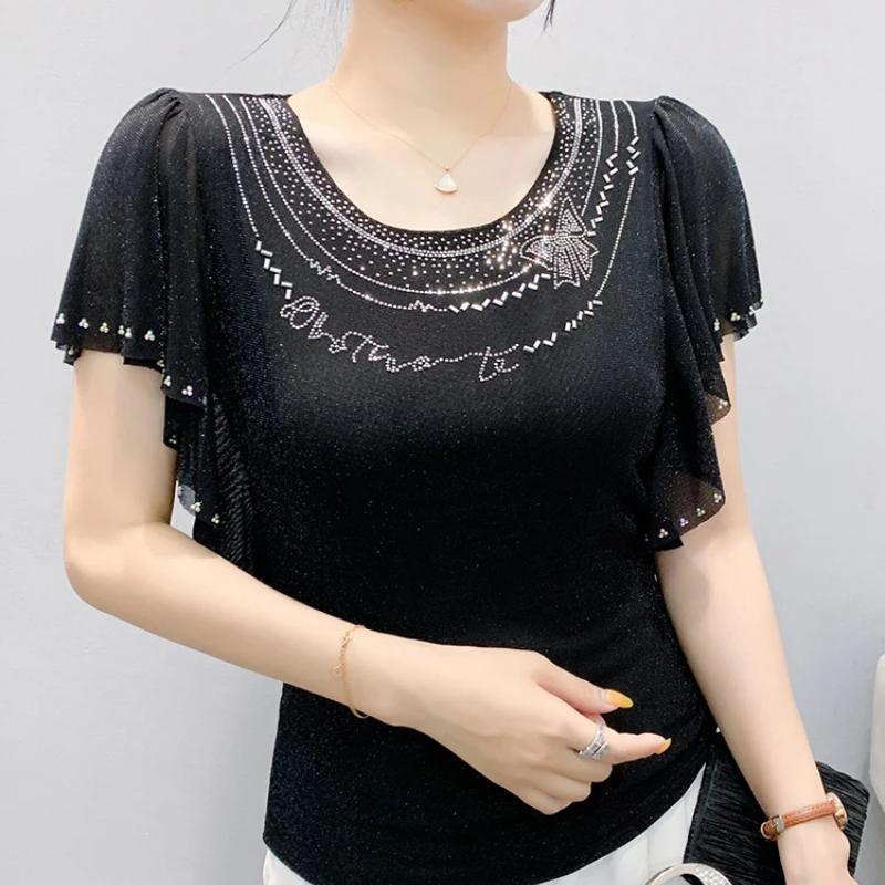 Summer New Elegant O-Neck Short Sleeved Mesh T-shirt Fashion Ruffles Hot Diamonds Women's Tees Chic Butterfly Sleeve Casual Tops