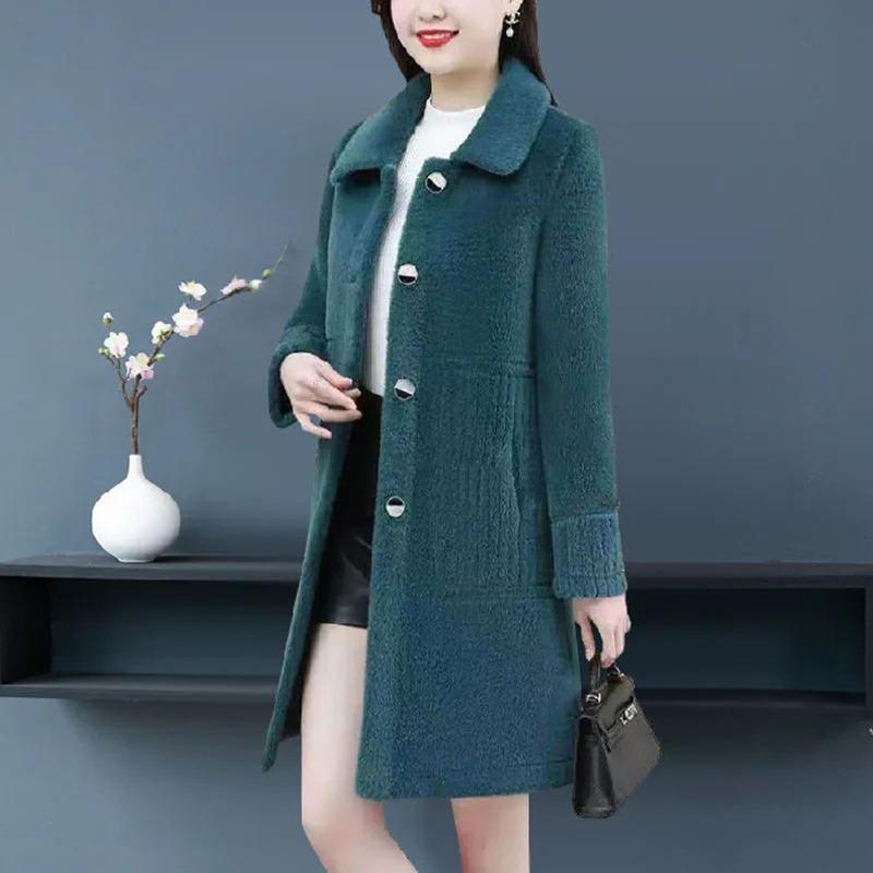 Veste Longue Épaissie d'Hiver en Fourrure d'Agneau Laine Manteau Mères Femmes d'Âge Moyen Tendance Polyester
