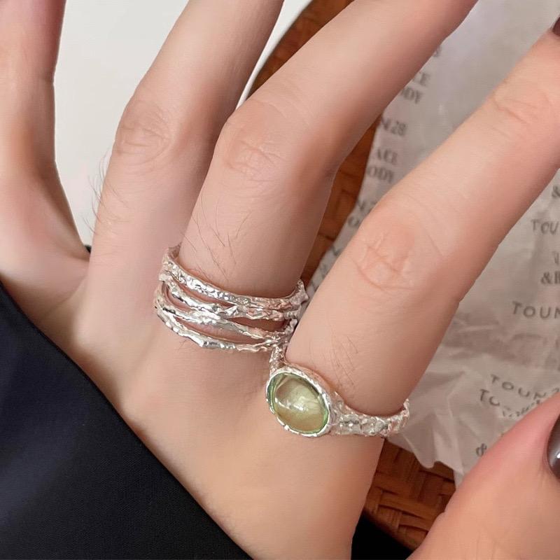BFCLUB Silver Color Rings for Women Simple Geometric Handmade Irregular Retro Ring Green Stone Allergy For Birthday Gift