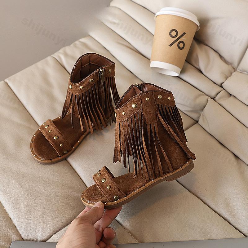 

Children Girls Sandals Summer New Bohemia Style Fashion Strap Roman Shoes Comfortable Tassels Open Toes Kids Cool Boots 26