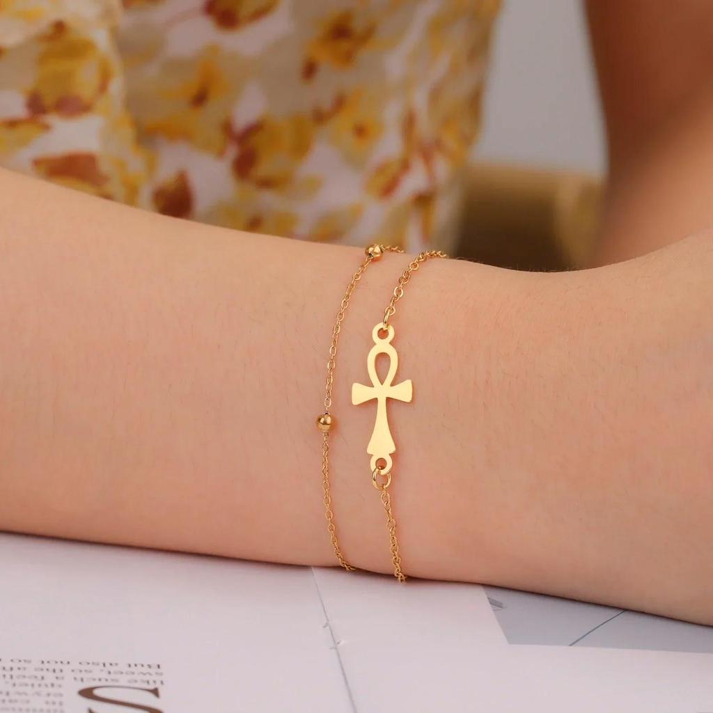 Vintage Pendant Charm Bracelet Amulet Talisman Ankh Cross Women Stainless Steel Egypt Egyptian Key Life Religious Jewelry Gift