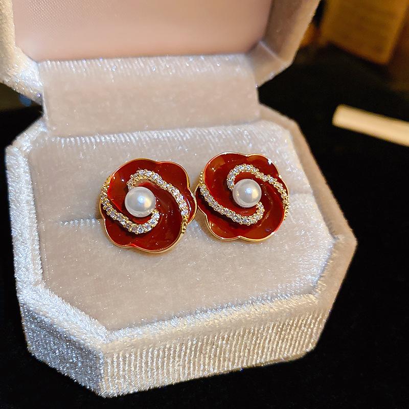 Square love red earrings literary and artistic fan temperament retro stud earrings New Year's earrings women