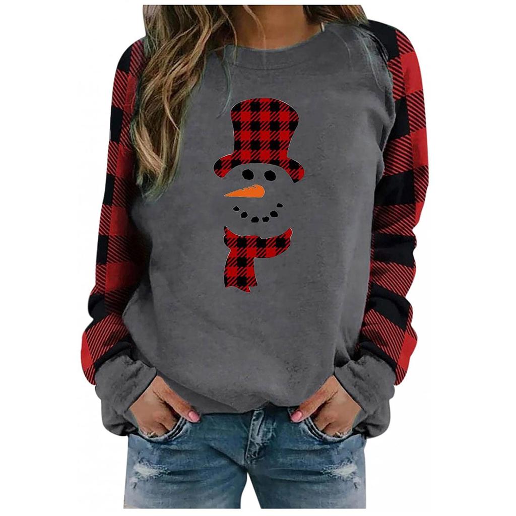 Damenmode Plaid Patchwork Weihnachtsdruck Rundhals Langarm T-Shirt Top