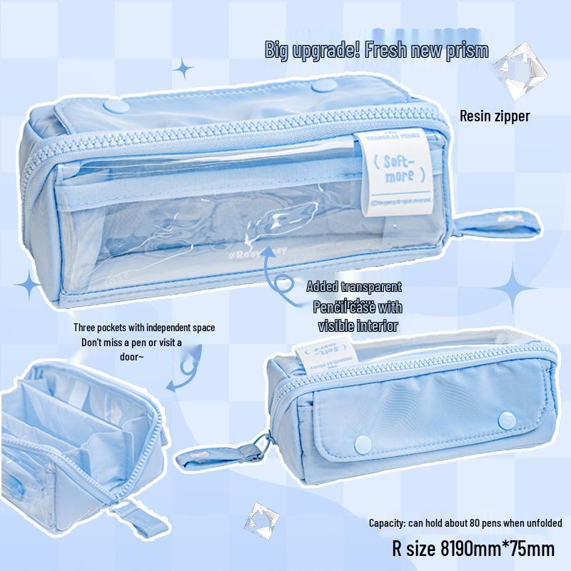 RosyPosy Transparent Prism Pencil Case: Spacious, Triple-Zipper Design for Students