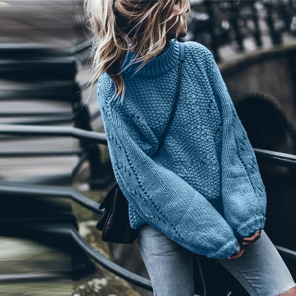 Fashion Women Solid Color Round Neck Sweater Long Sleeve Pullover Sweater Casual Tops