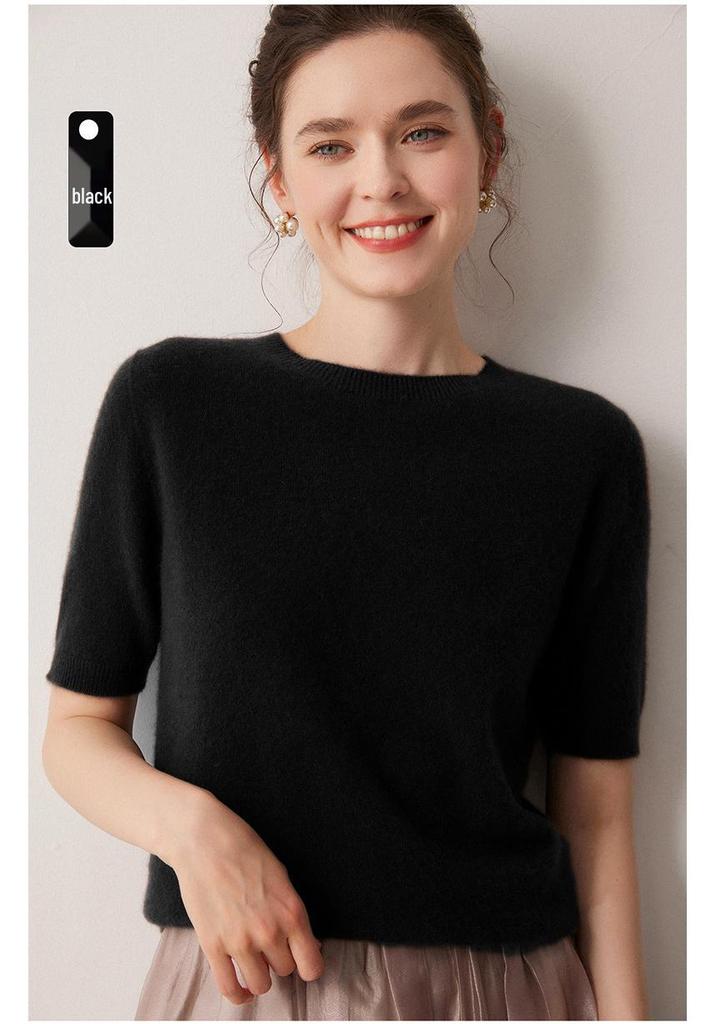 100% Pure Cashmere Round Neck Short Sleeve Pullover Sweater - Solid Color, Loose Fit for Autumn/Winter