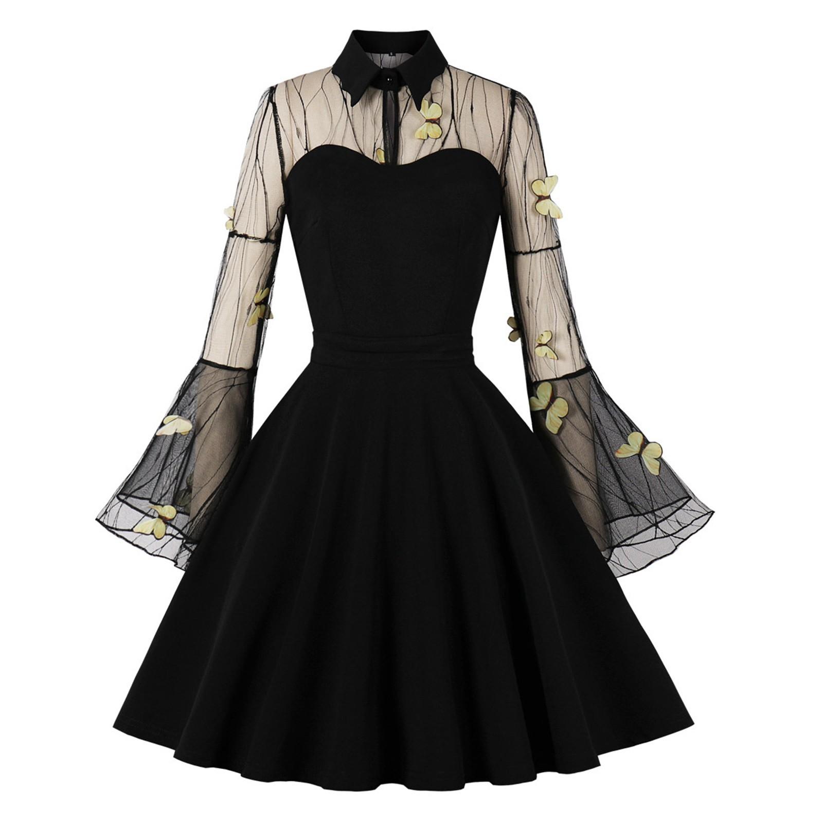 

Women Party Butterfly Long Sleeve Retro Dress Sleeve Grenadine Dress XL жовтий