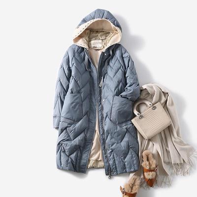Women's Winter Autumn Hooded White Duck Down Jacket Coat Loose Long Solid Color Big Pocket Knit Hat Down Coat