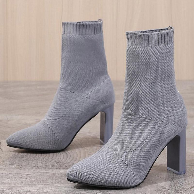 2024 New Wine Red Black Womens Boots Pointed Toe Shoes Elasticity Knitting Short Spring Autumn Shoes Elegant High Heels Shoes