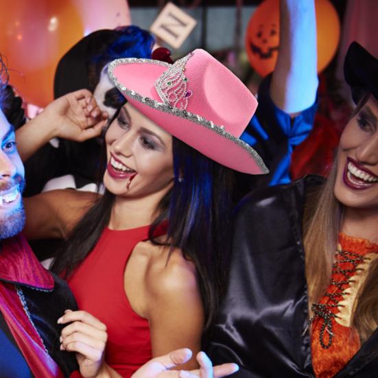 Women Cowboy Hat Rhinestones Inlay Crown Shiny Sequined Hat Brim Western-Themed Night Party Ladies Fancy Dress Festival Cowboy Costume Accessories