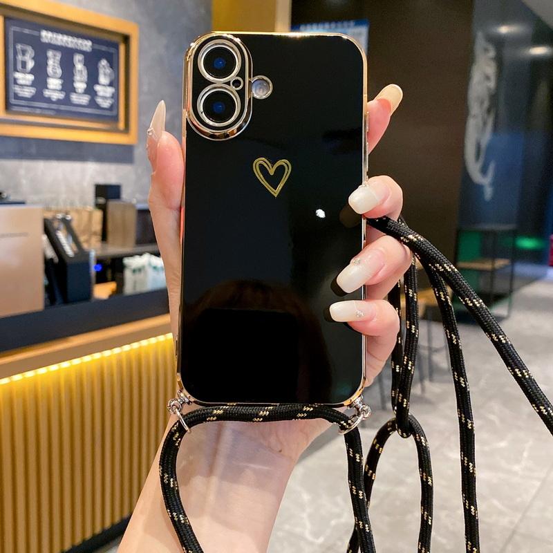 Husă Moale TPU cu Placare cu Imprimeu Inimă Iubire Pentru iPhone 16 Pro Max 15 Pro 14 Pro 13 12 11 Șnur Crossbody Rezistentă la Șocuri Protecție Obiectiv Husă Luciosă pentru Telefon