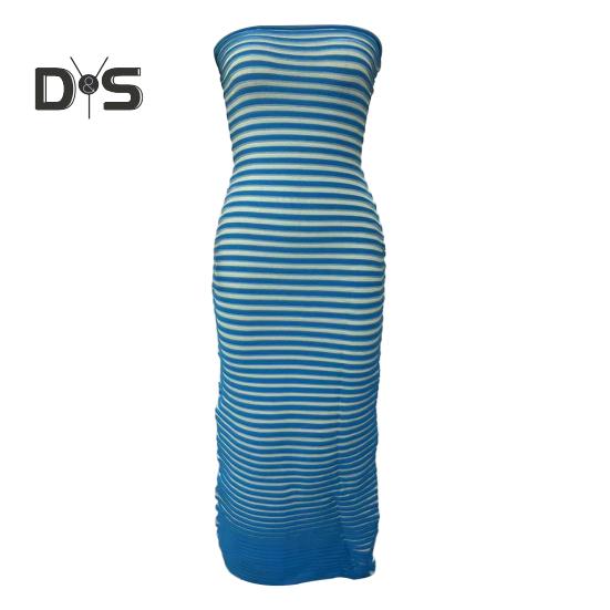 

Женское летнее облегающее платье макси-труба в рубчик без бретелек выходное вечернее платье в полоску без рукавов трикотажное длинное платье M синий