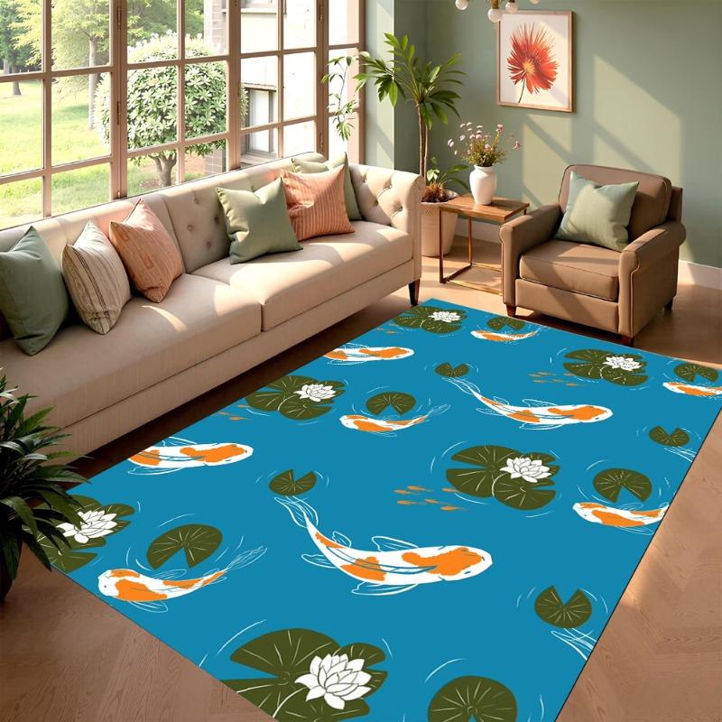 Illustrations Style Area Rug Koi Fish Lotus Pond Design Home Decor Carpet Soft Non-Slip Floor Mat for Living Room Bedroom