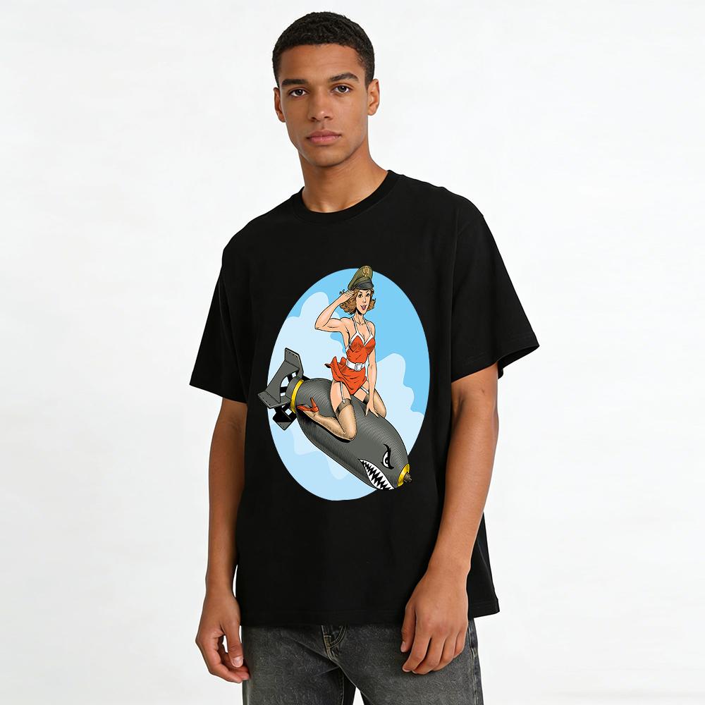 WWII Pin-up Girl Riding Bomb Vintage Graphic Casual Tee Pure cotton T-shirt