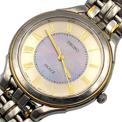 Working Seiko Dolce Solar Watch with Purple Roman 3 Strap V181-0AC0 Mother-of-Pearl Dial, Numerals, Hands, [bp4]