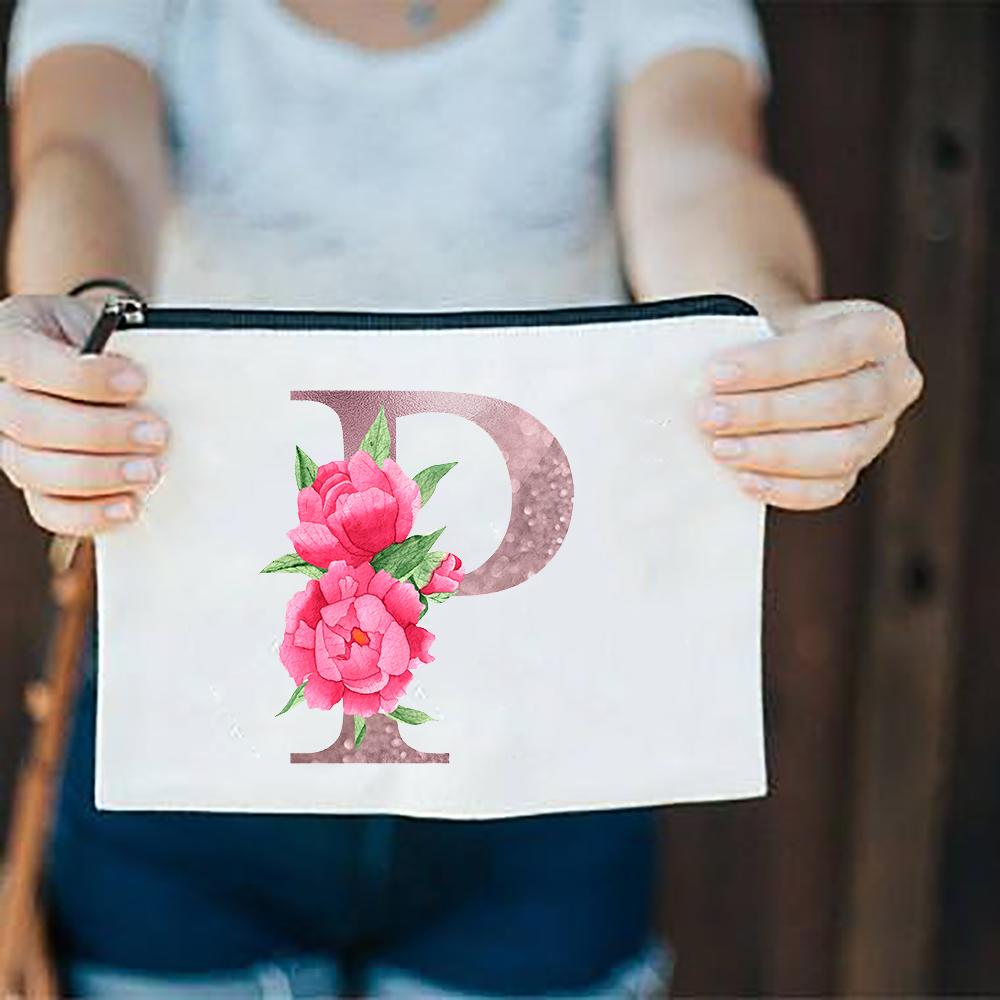 Pink Flowers Alphabet A-Z White Canvas Makeup Bags Zipper Cosmetic Pouch Ladies Casual Fashion Storage Organizer Make Up Bag