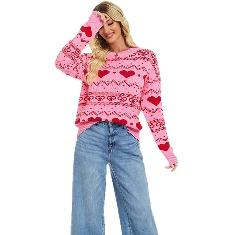 European & American Style Valentine's Heart Pattern Women's Casual Long Sleeve Knit Sweater