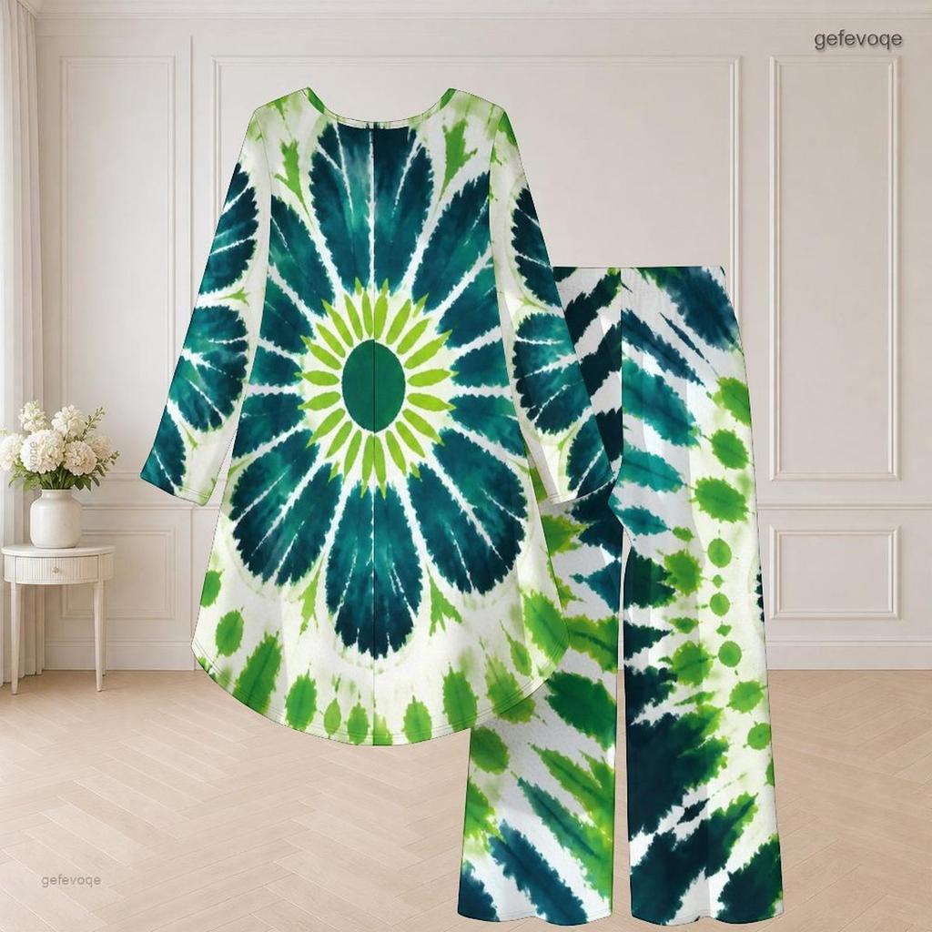 Damen Große Größen Grünes Rundhals Langarm Kleeblatt-Print High-Low-Oberteil Weite Hosen Zweiteiliges Set